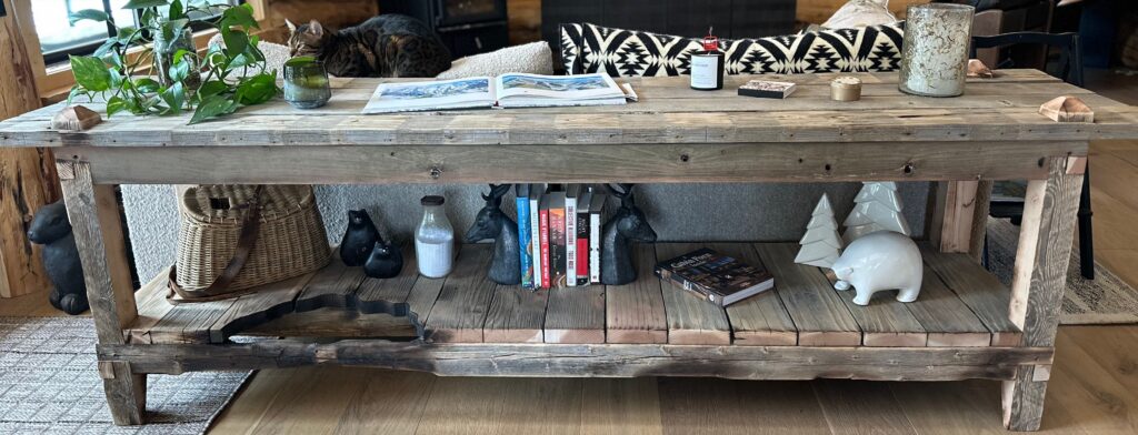 Custom farm/sofa table decorated.